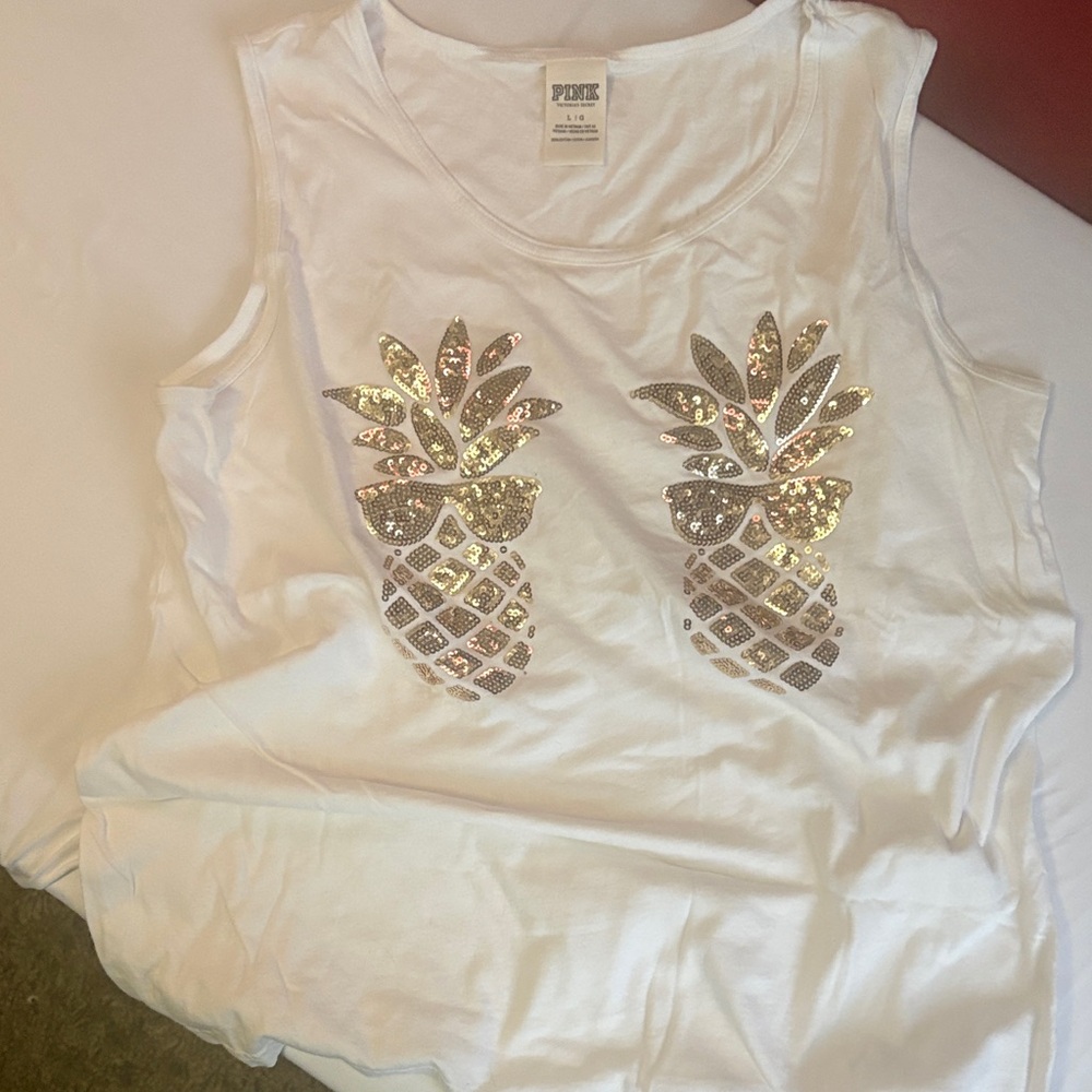 PINK Victoria's Secret White Sequin Pineapple Tank Top clean new